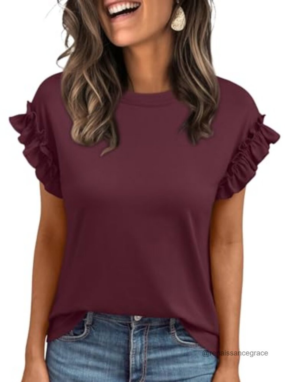 Ruffle Sleeve Business Casual Crewneck Top – Soft Stretch Lightweight